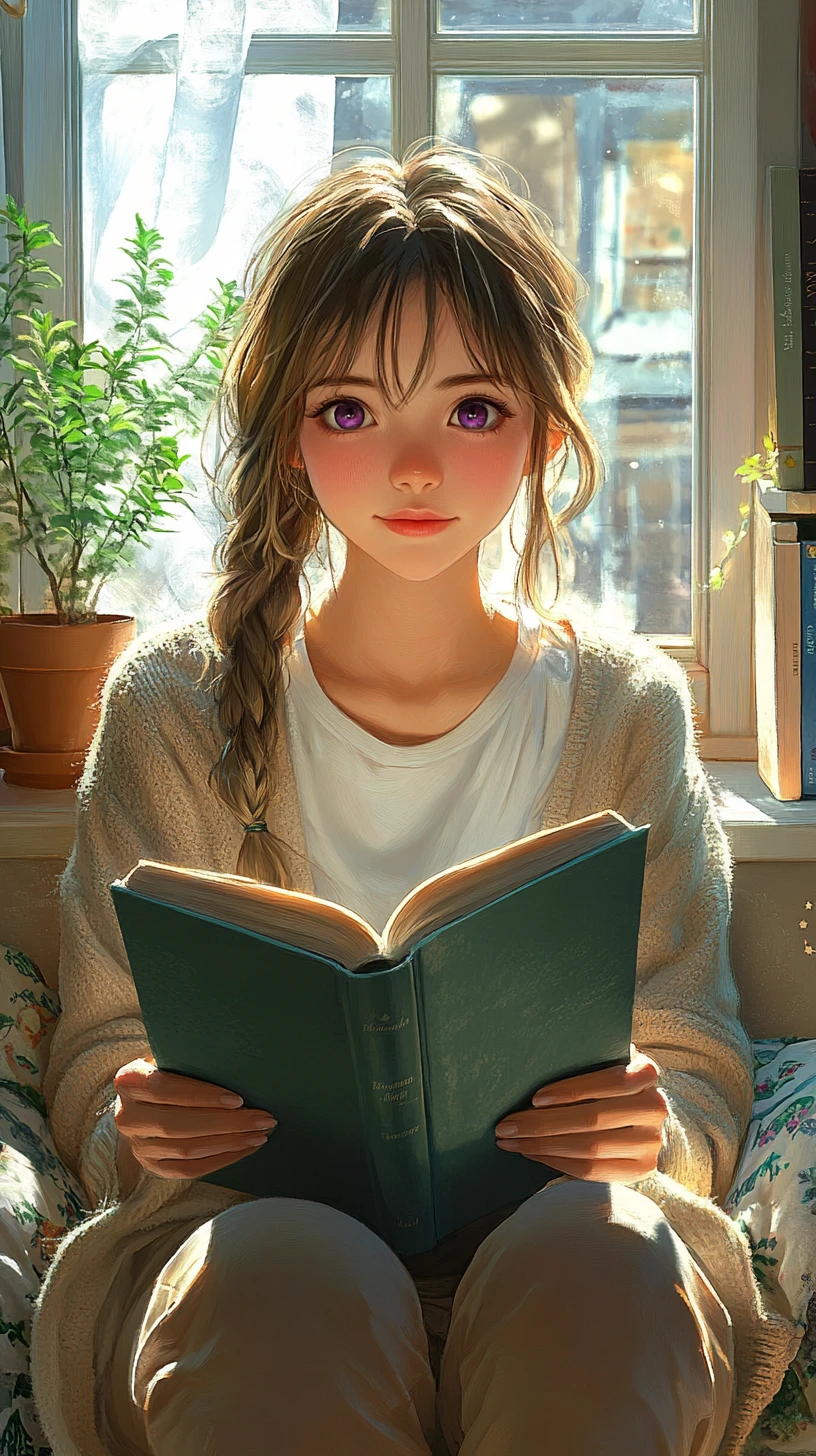 Anime girl reading by a sunlit window seat