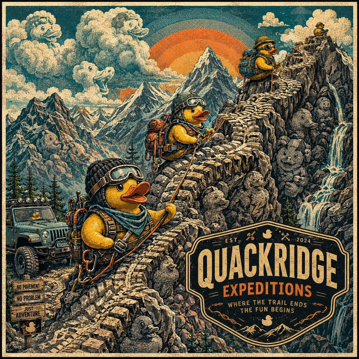 Póster de aventura con patitos de goma en sendero de montaña surrealista
