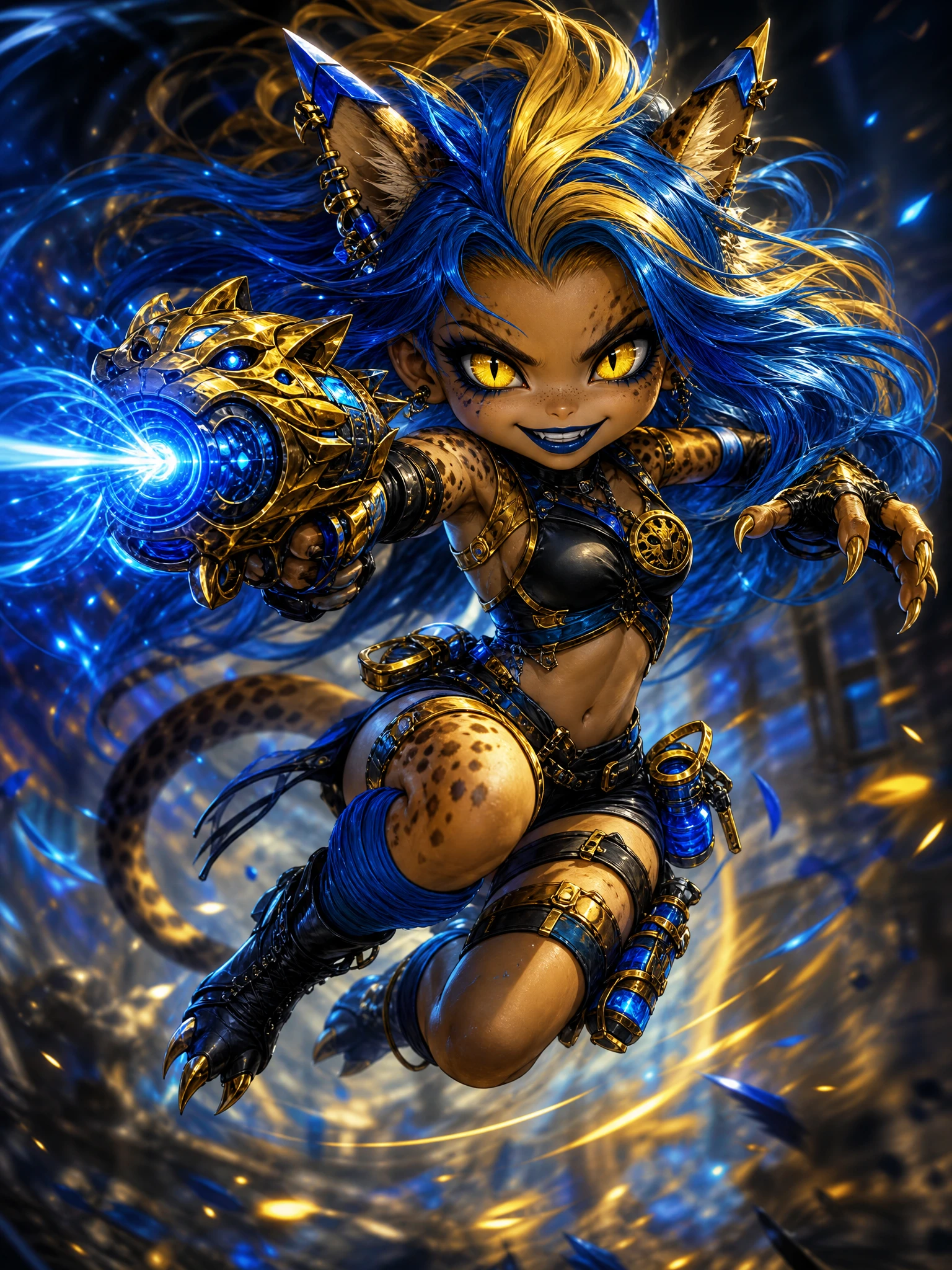 Guerrera felina chibi saltando con cañón de energía brillante
