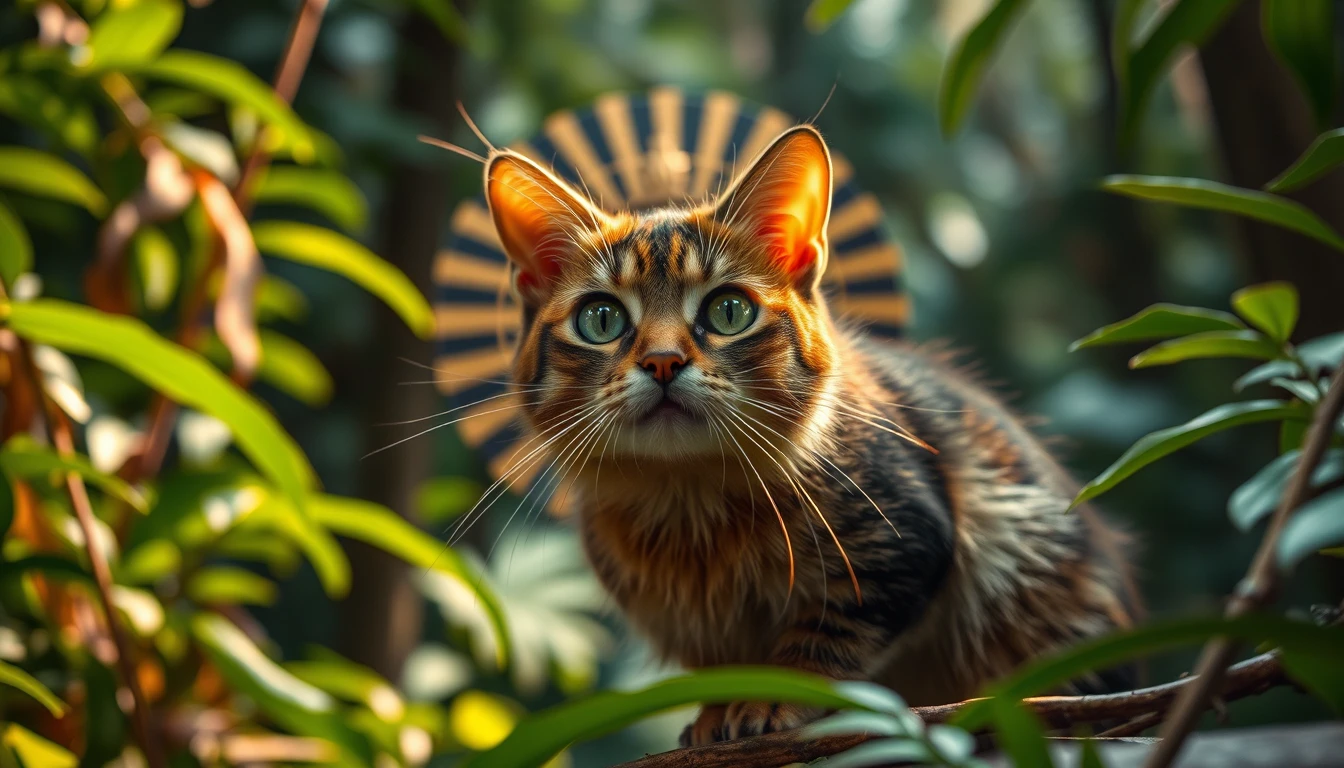 ペルーのジャングルで待ち伏せから逃げる猫の冒険者のイラスト
