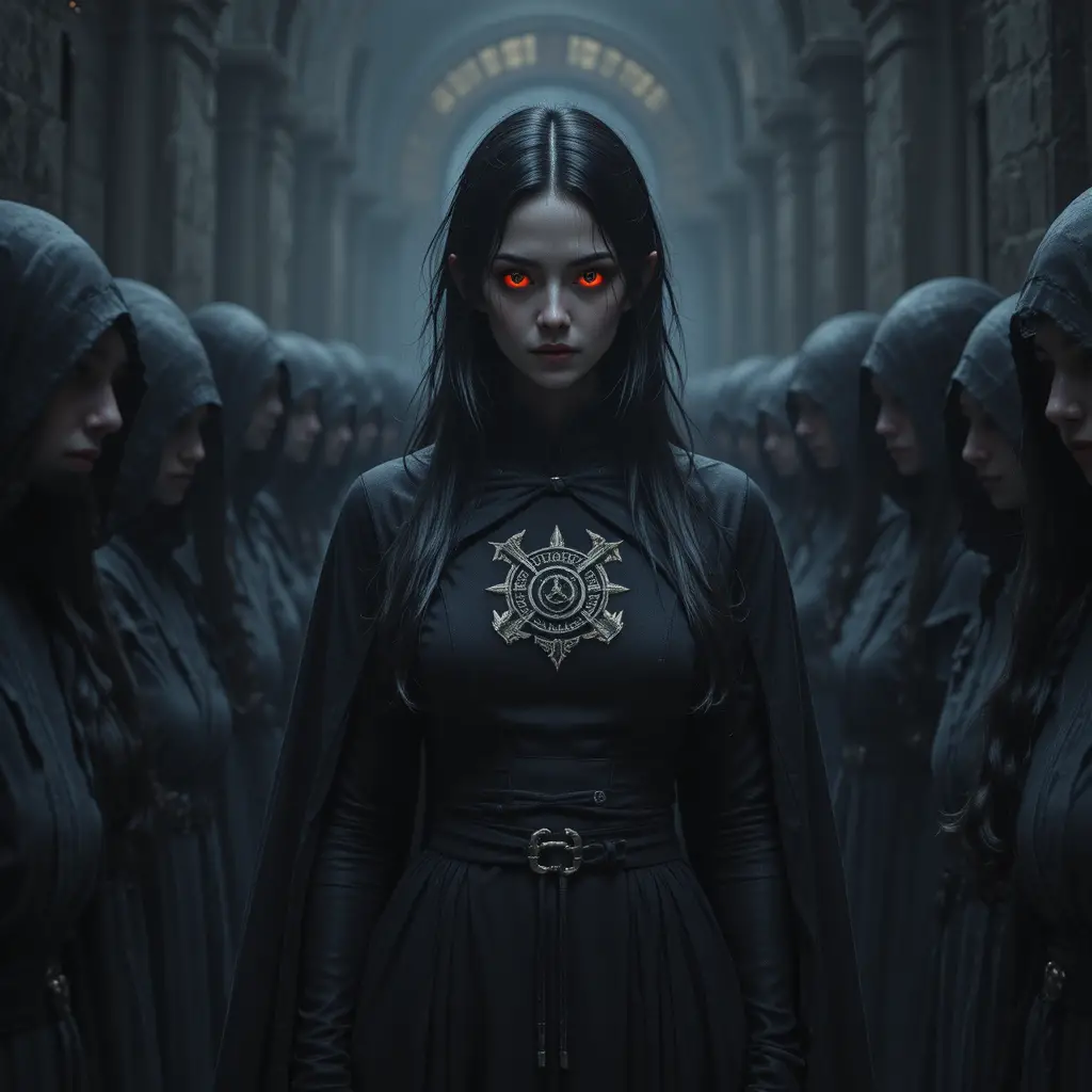 Tall dark haired woman in black death school robe