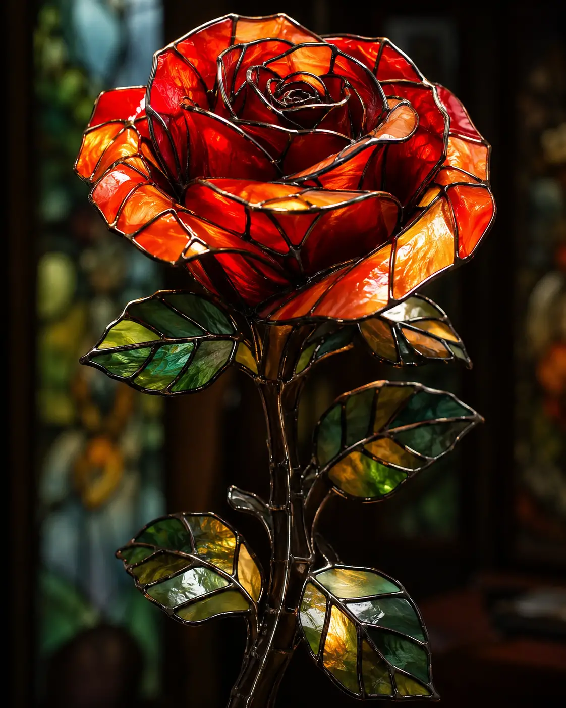 Primer plano de escultura de rosa en vitral con elegante simetría