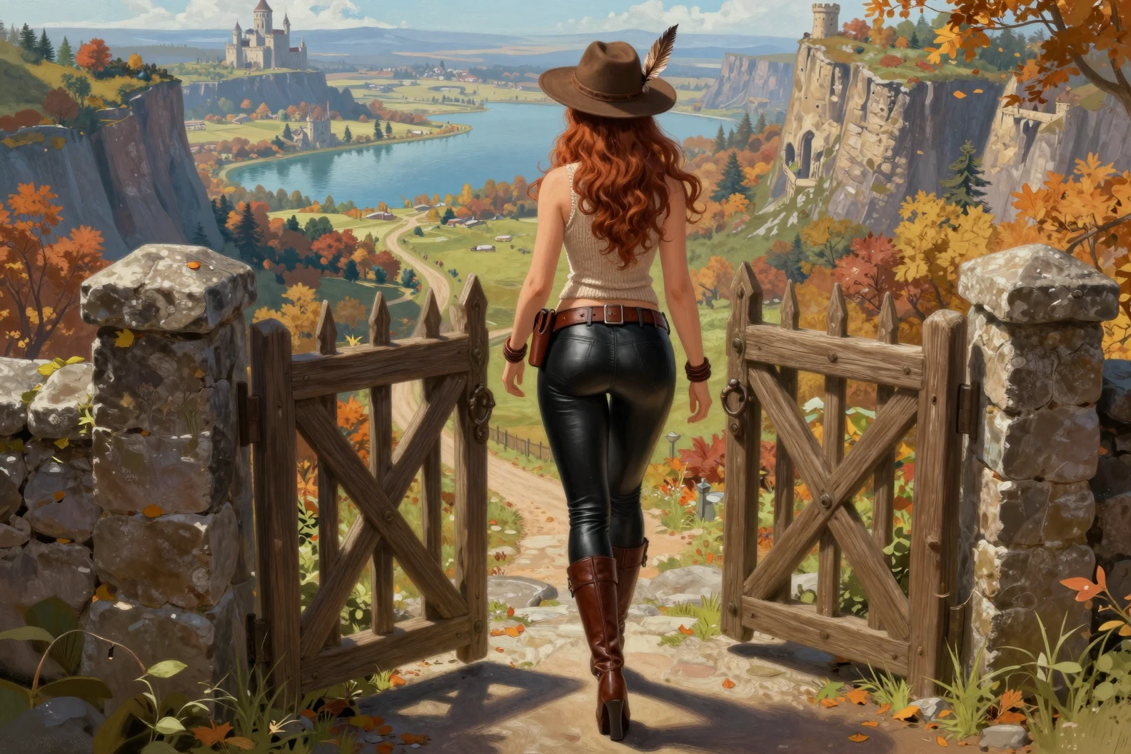 Mujer de fantasía caminando por una puerta de madera hacia el otoño