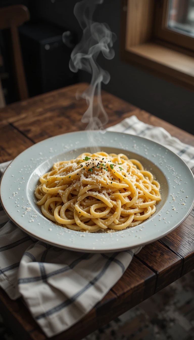 Plato de pasta carbonara sobre mesa de madera con luz suave