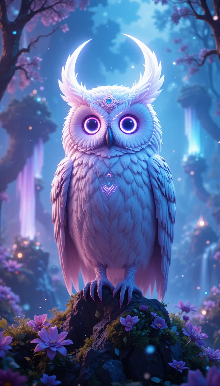 Búho celestial guardián que protege un bosque encantado