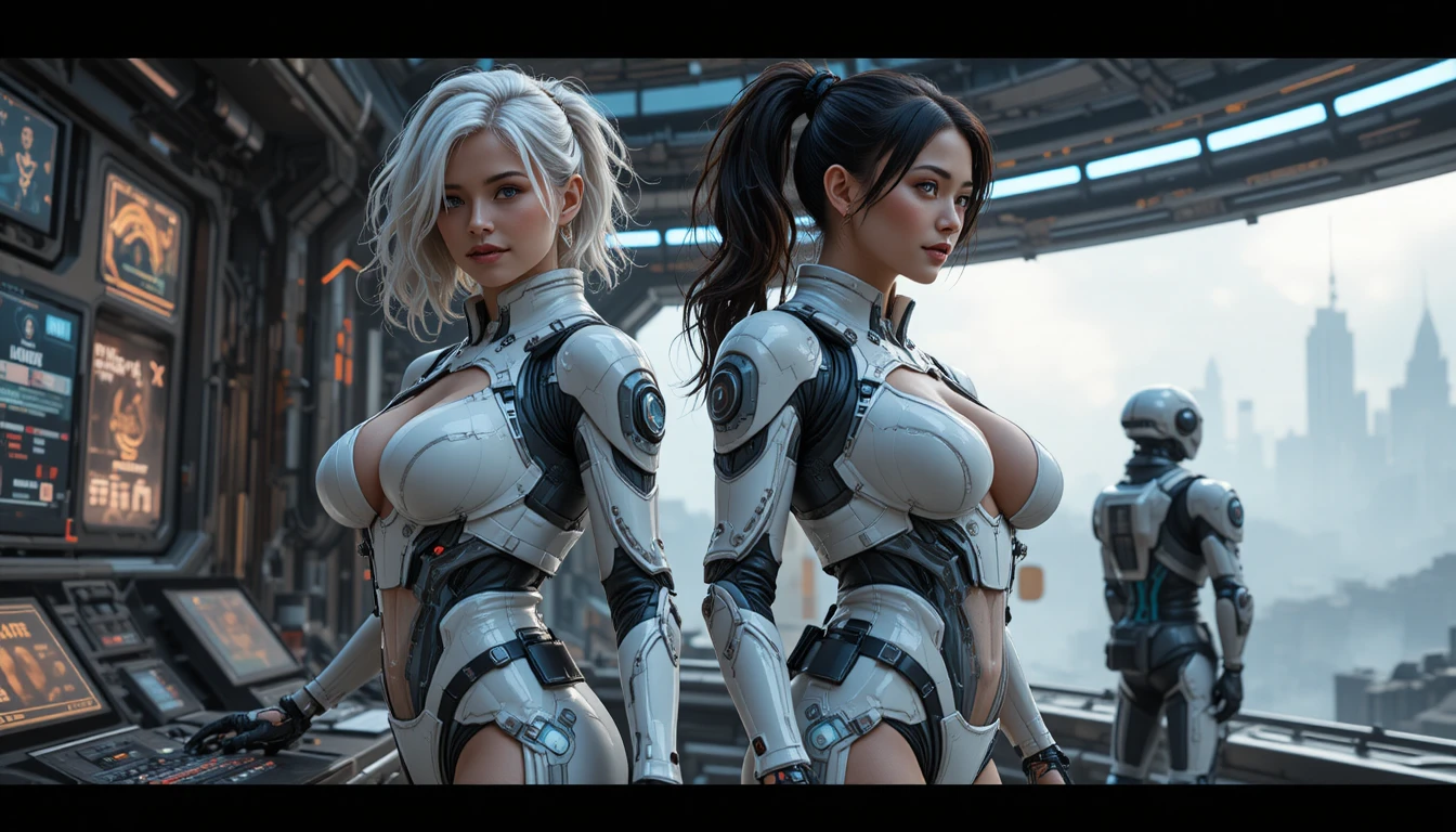 Dos mujeres de ciencia ficción con trajes blindados en un puesto espacial