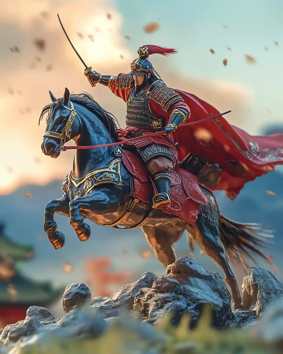 戦場で馬上戦うミニチュア侍戦士