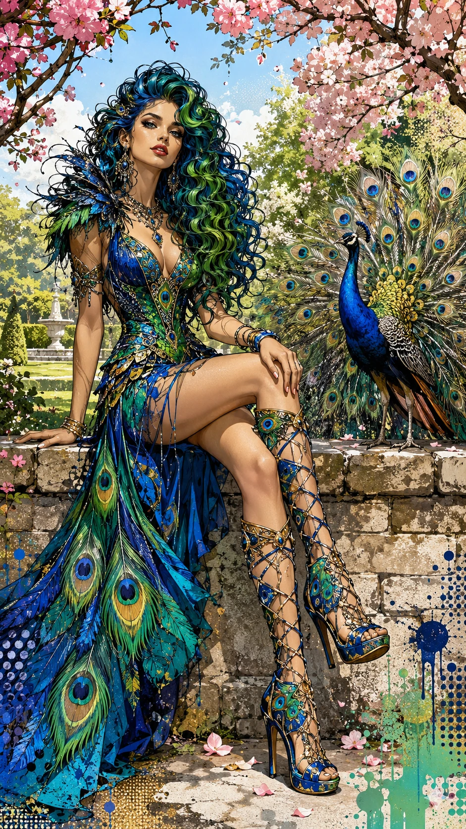 Mujer con moda inspirada en pavo real sentada en un muro de jardín