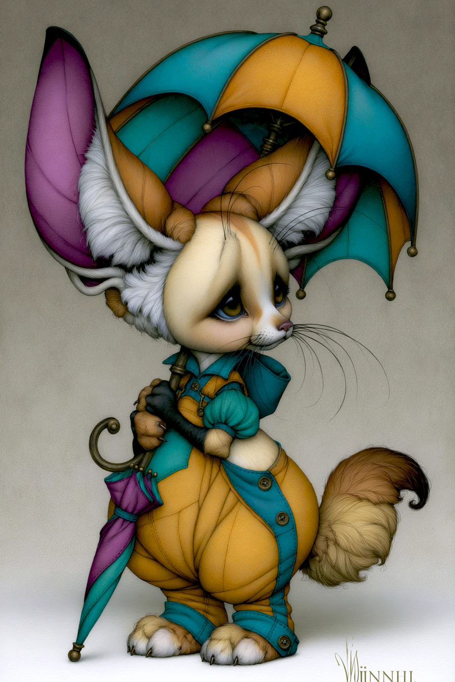 Plump Fennec Fox In Overalls Holding A Colorful Umbrella