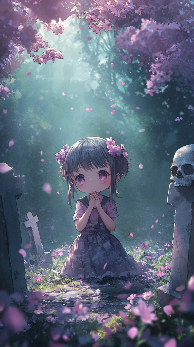 Adorable criatura chibi en un soñador jardín de fantasía azul