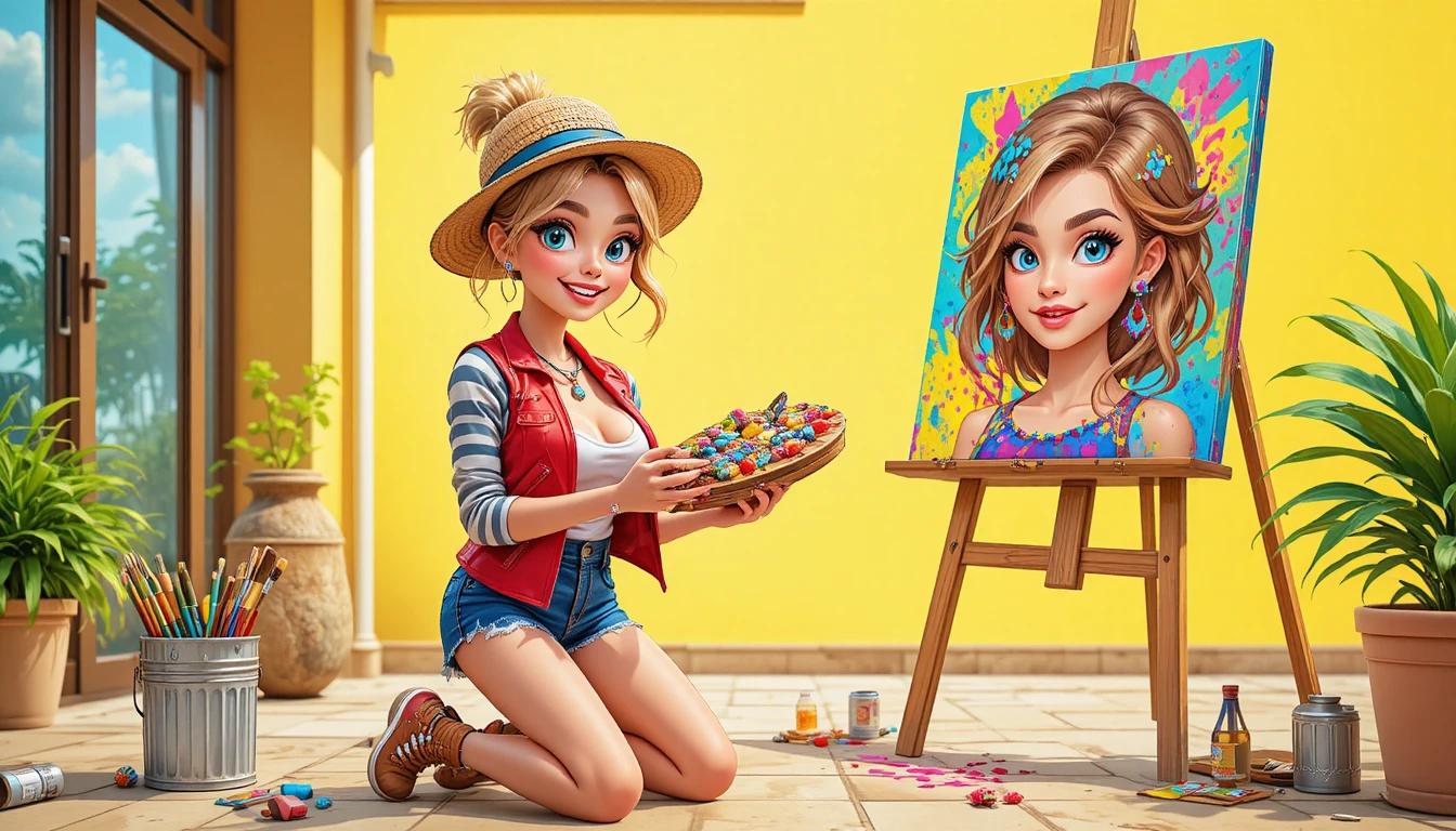 Dos jóvenes artistas pintando en caballetes en un patio amarillo brillante
