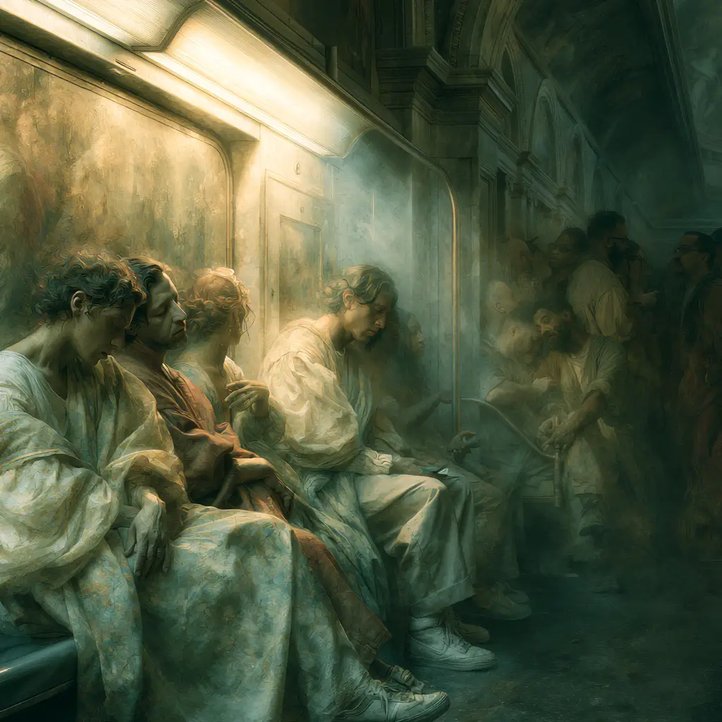 Renaissance style commuters riding a modern subway train
