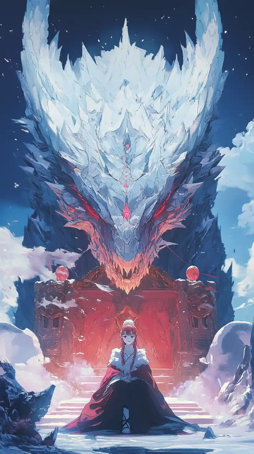 Chica de anime en trono dorado en palacio de dragón de hielo