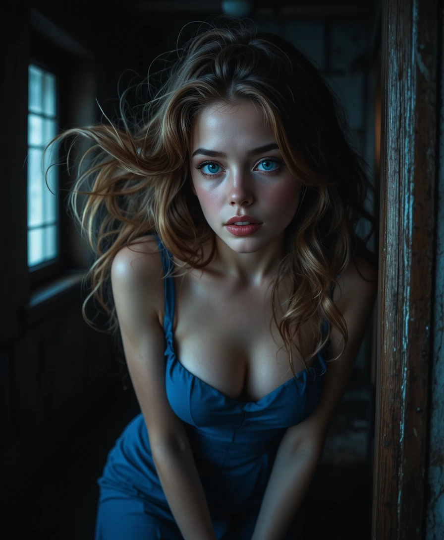 Joven con vestido azul inclinándose en una habitación oscura