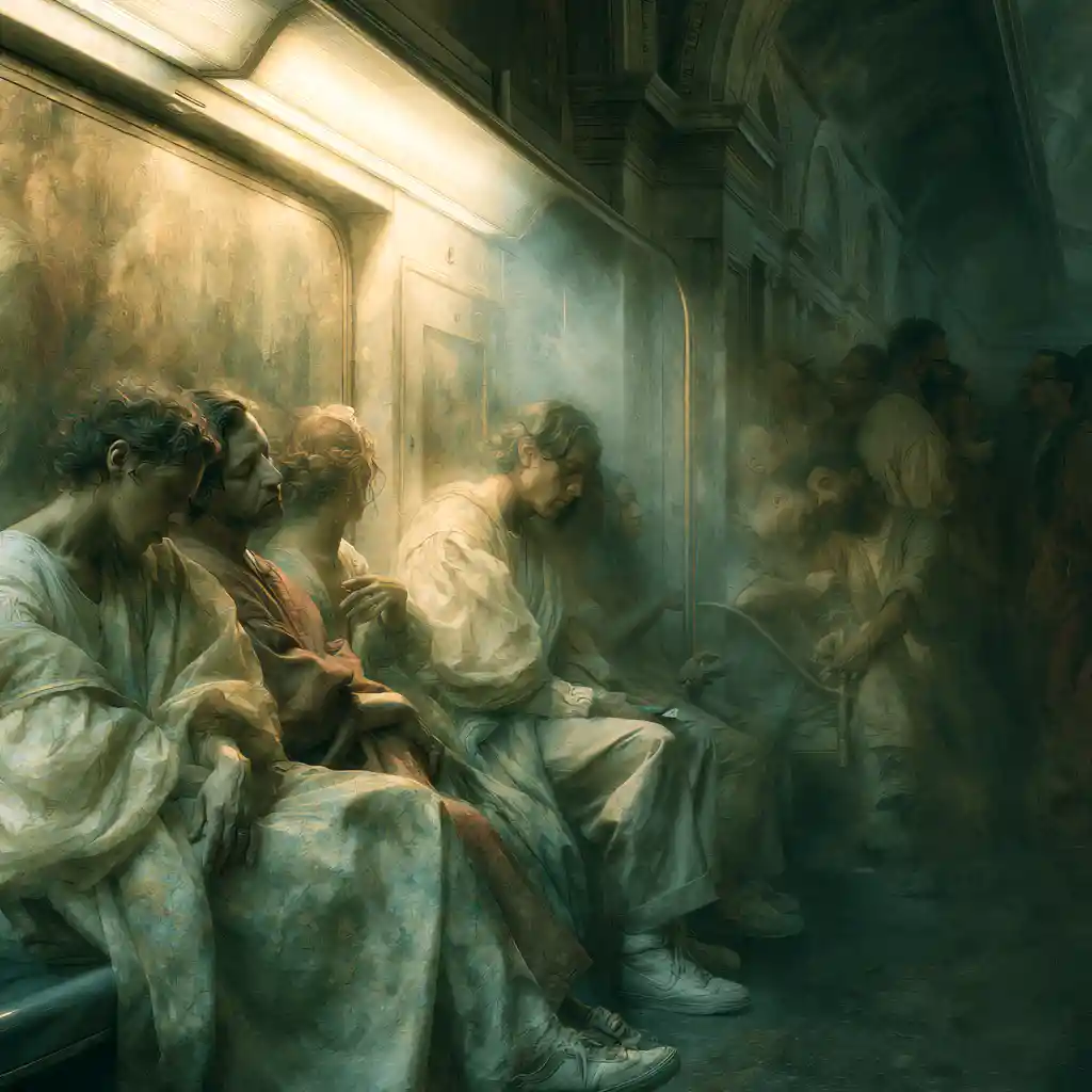 Renaissance style commuters riding a modern subway train