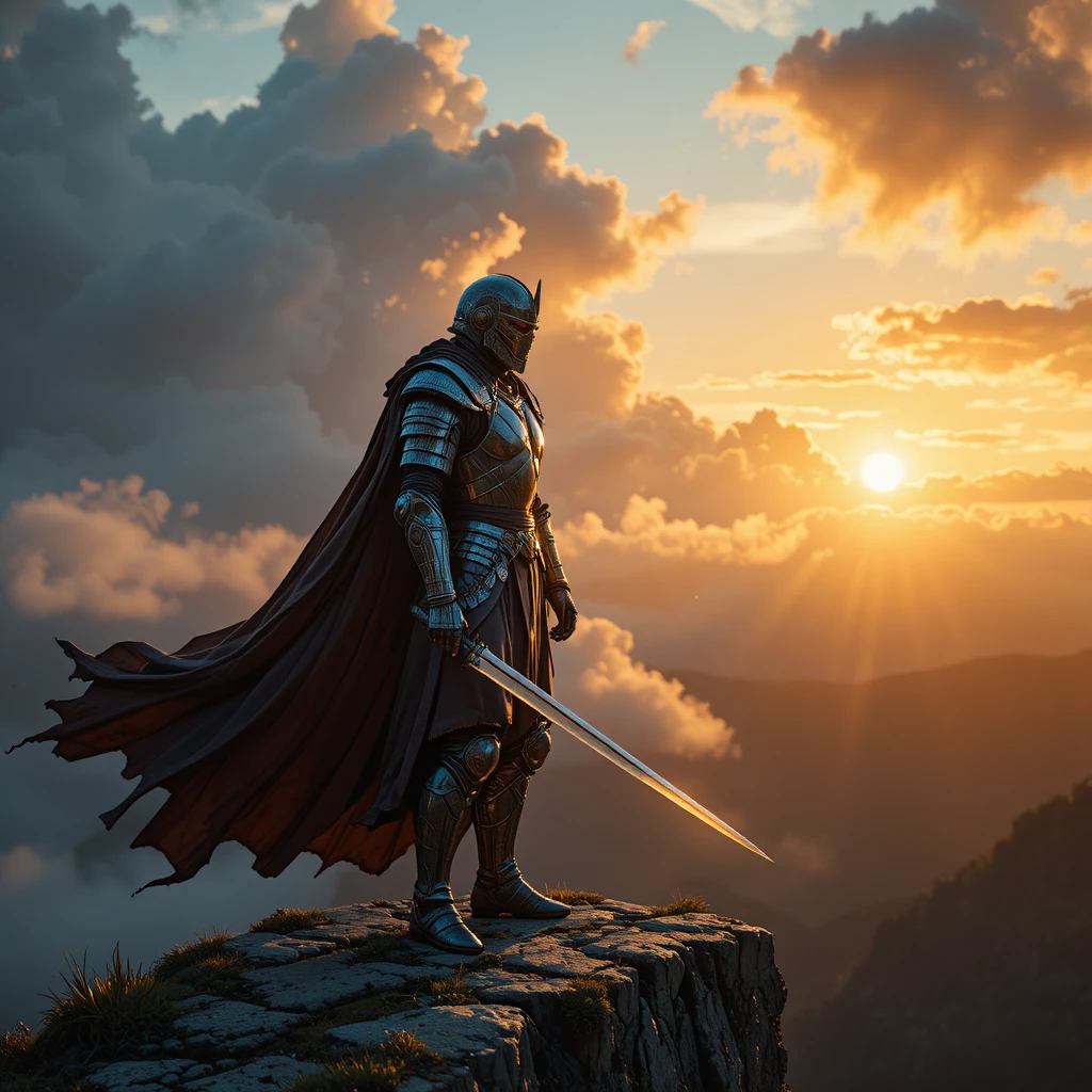 Guerrero acorazado en un acantilado al atardecer con espada brillante