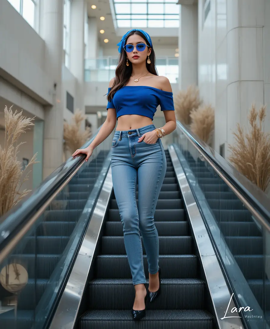 Mujer elegante en la escalera mecánica de un centro comercial de lujo