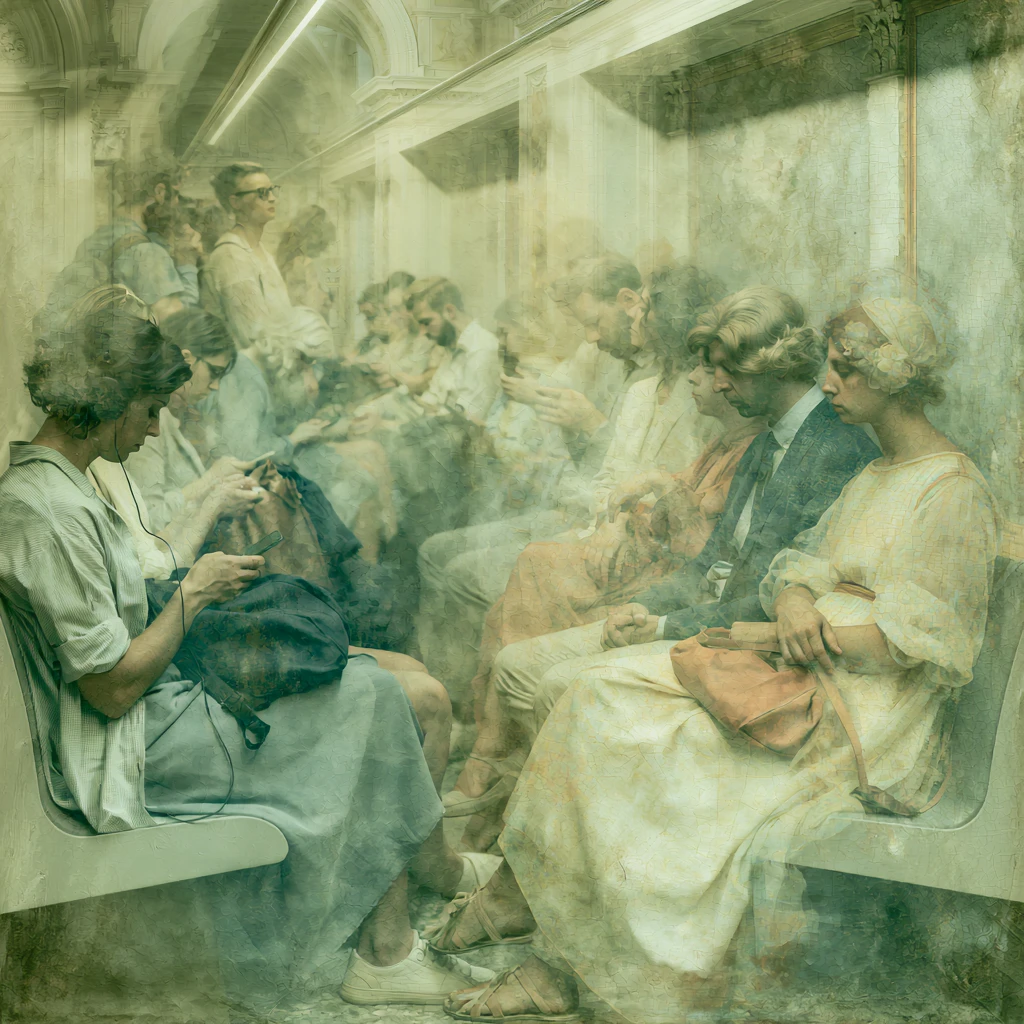Renaissance style commuters on a modern subway train