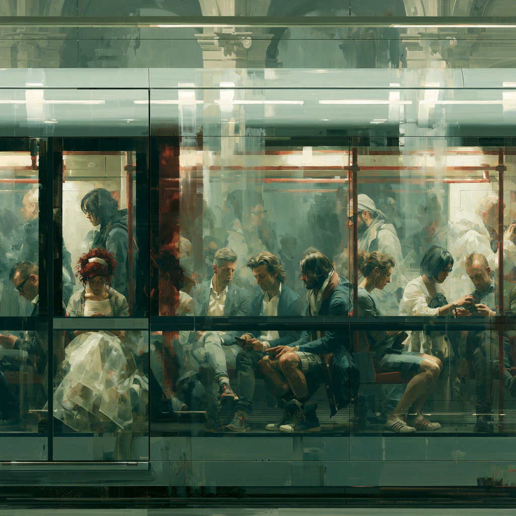 Pendolari in stile rinascimentale su una metropolitana moderna