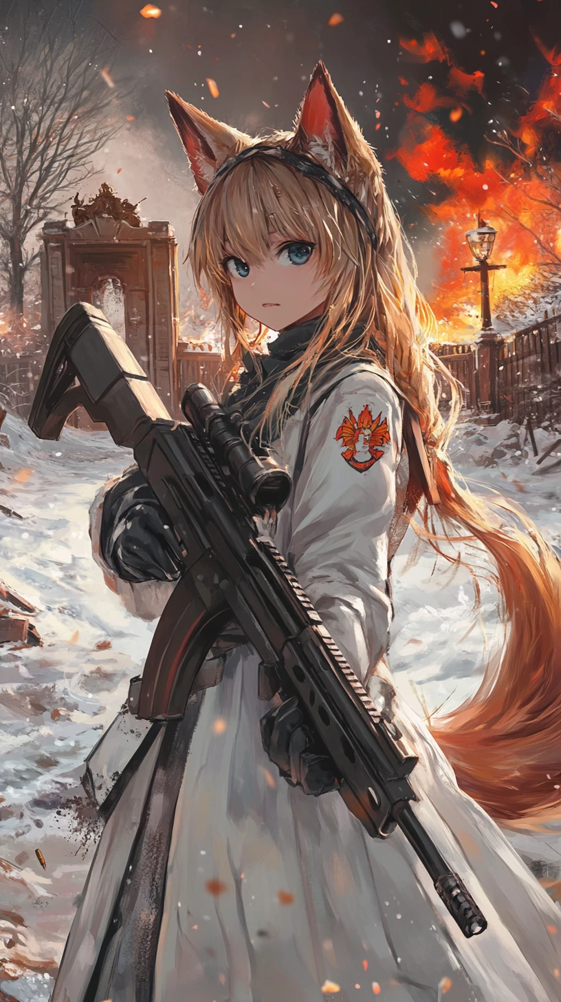 Anime girl aiming a rifle in a burning war zone