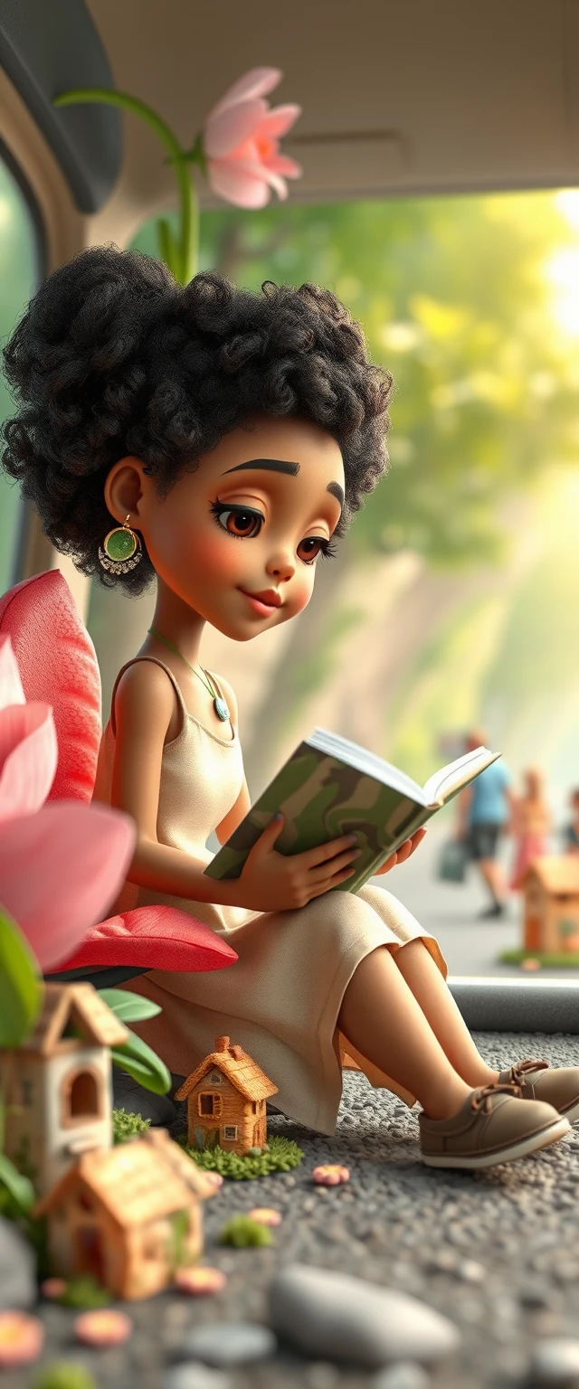 Niña leyendo sobre un gigantesco paisaje de flores mágicas