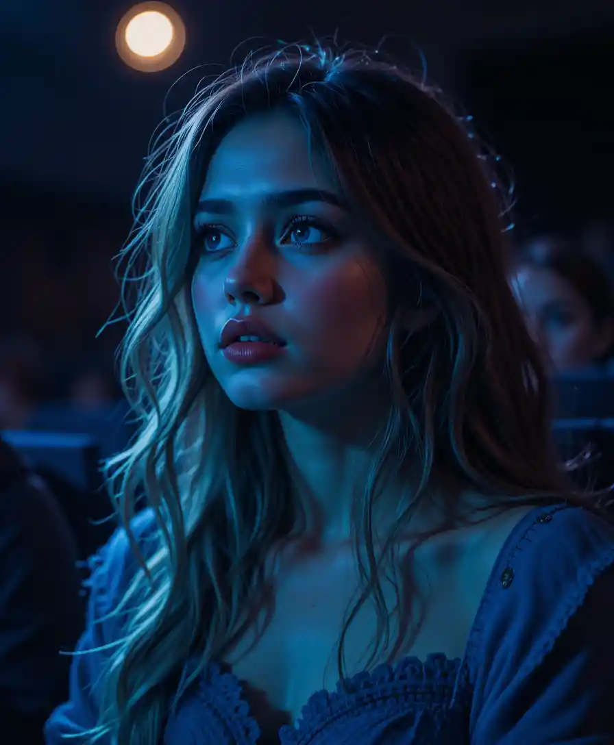Young woman in blue dress in dark cinematic interior