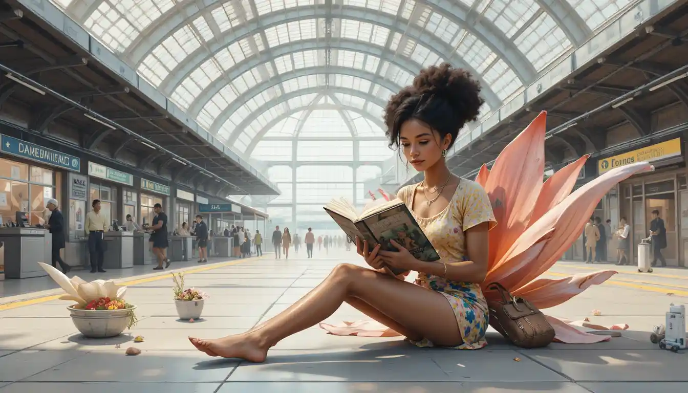 Ragazza che legge sopra un enorme fiore magico in una stazione fantasy