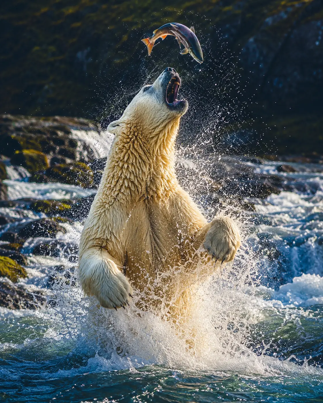 Urso-polar capturando salmão em um salto poderoso no rio