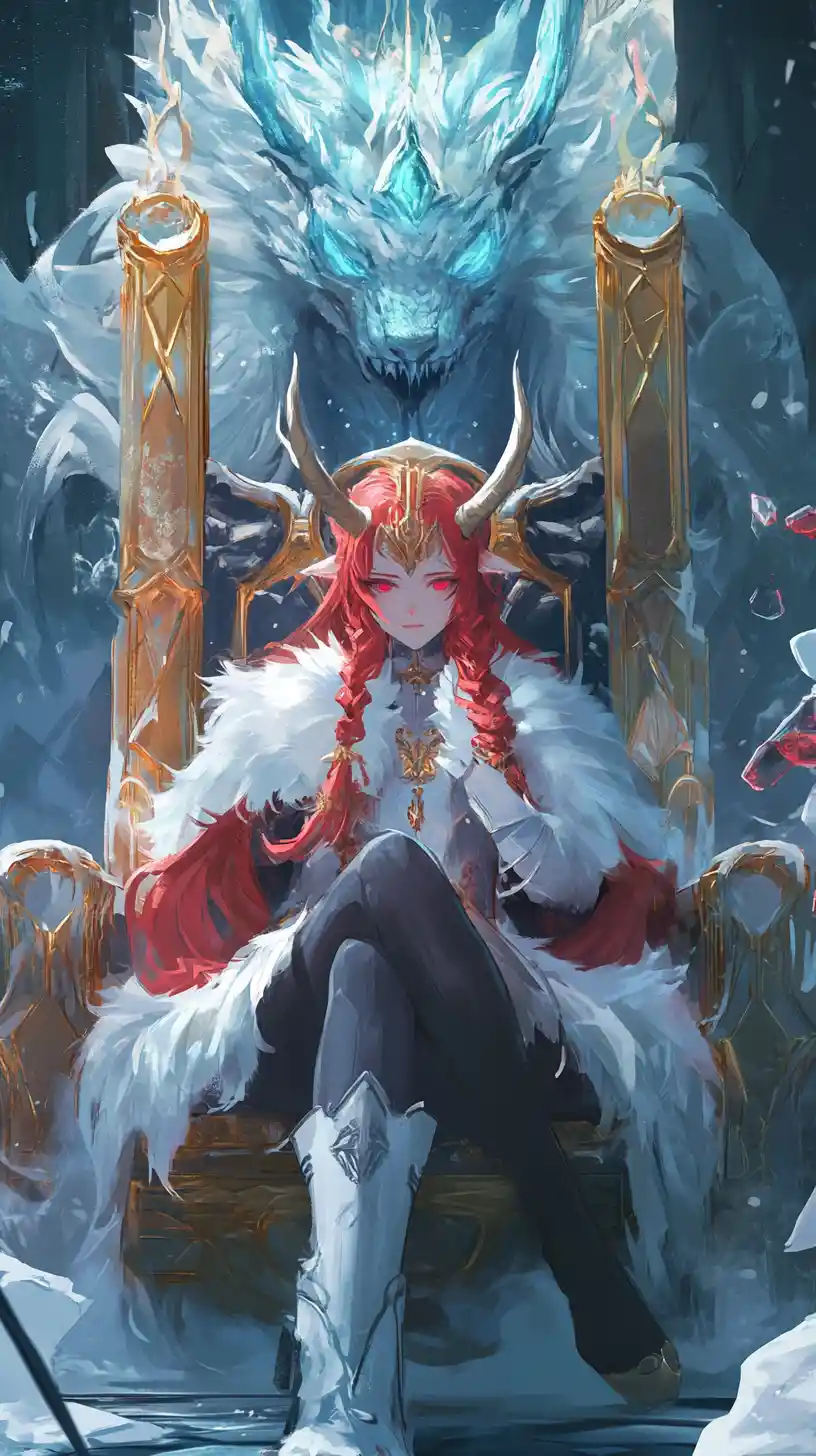 Anime girl on golden throne in icy dragon palace