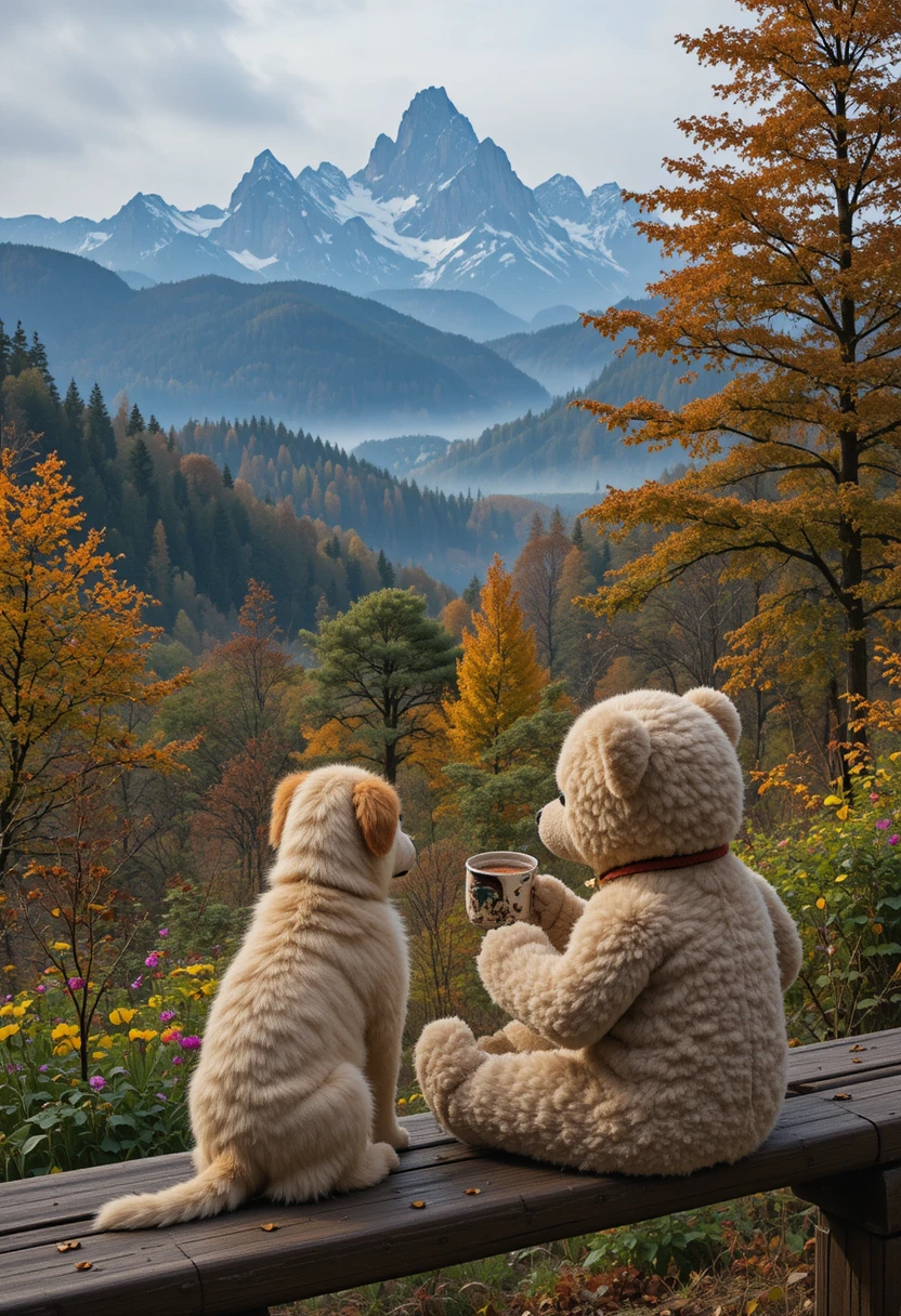 Osito de peluche en un banco con chocolate caliente al amanecer en la montaña