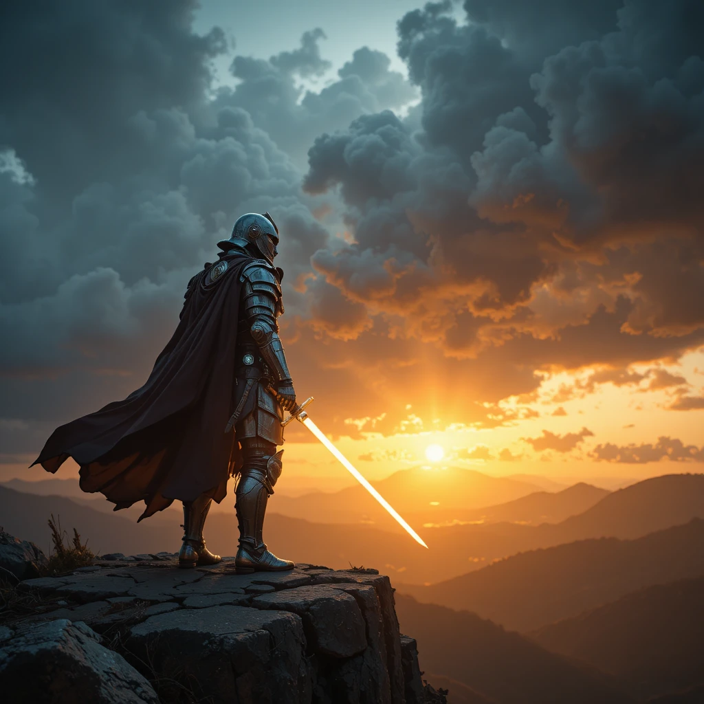 Armored warrior on cliff at sunset with glowing sword