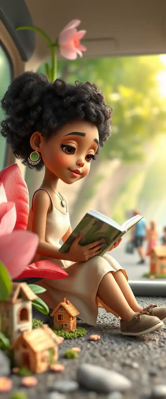 Girl reading atop a giant magical flower landscape