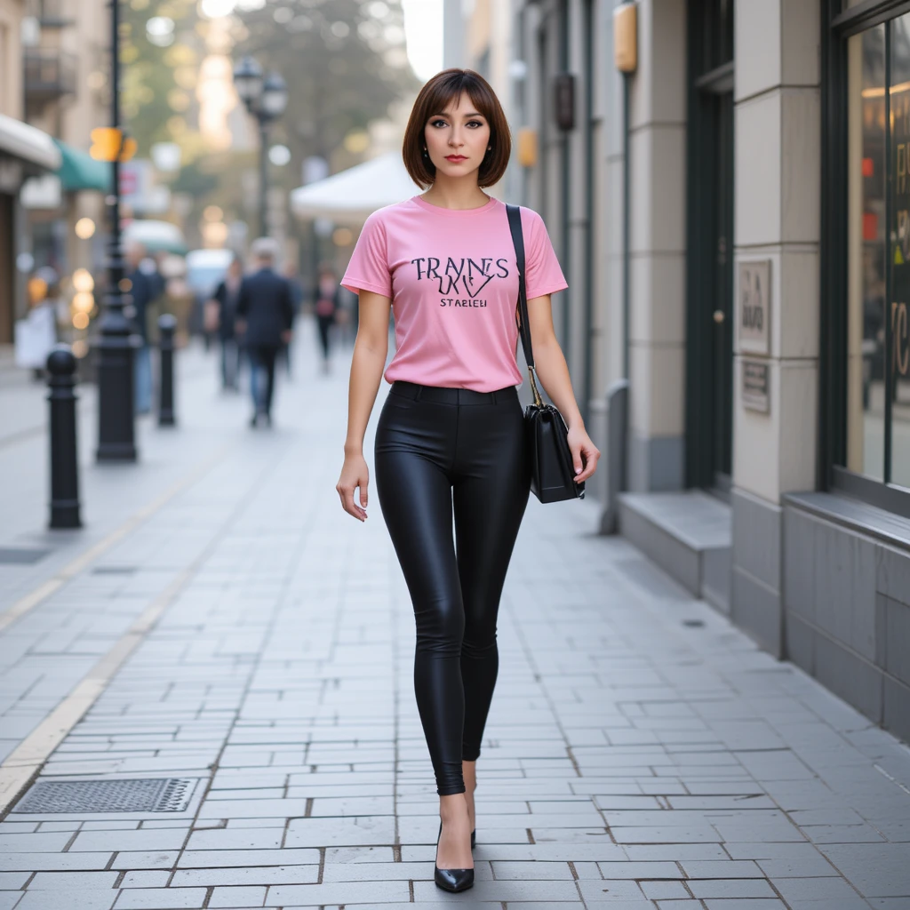 Mujer con camisa rosa caminando por la acera de una calle de la ciudad