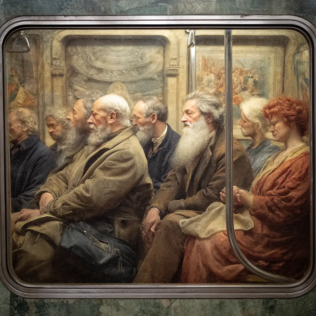 Voyageurs inspirés de la Renaissance dans une rame de métro moderne