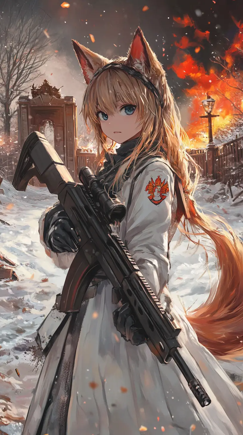 Chica anime apuntando con un rifle en una zona de guerra en llamas
