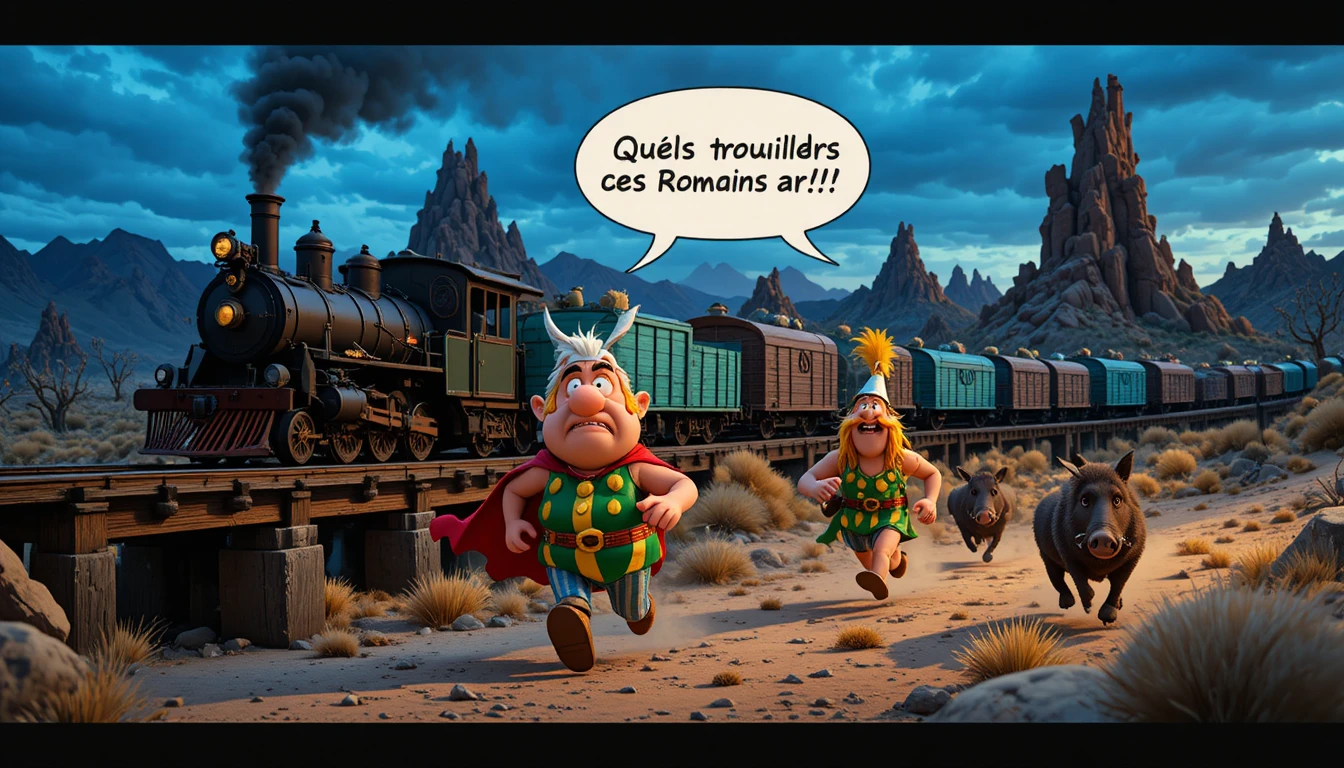 Héroes de dibujos animados persiguiendo un tren al atardecer en el desierto