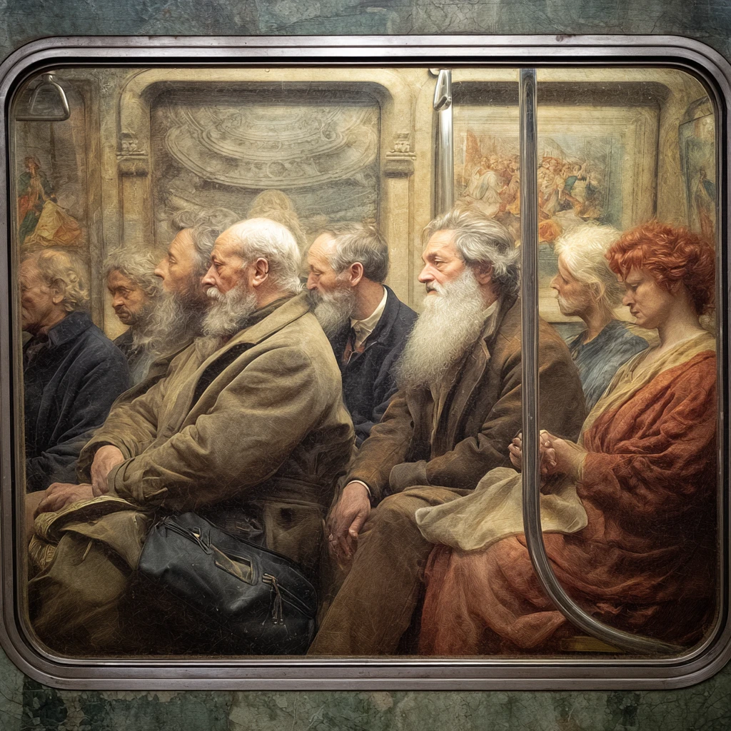 Pendolari in stile Rinascimentale su un moderno treno della metropolitana