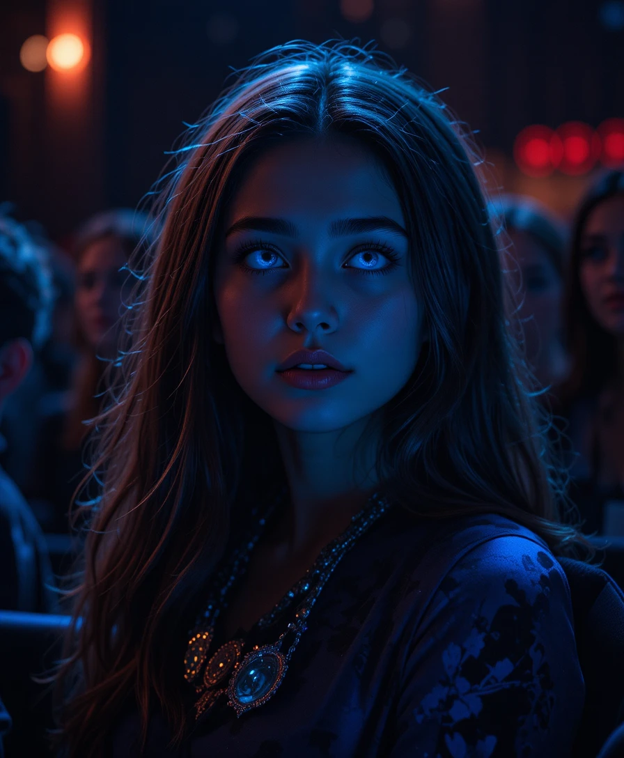 Joven con vestido azul inclinada en luz low key