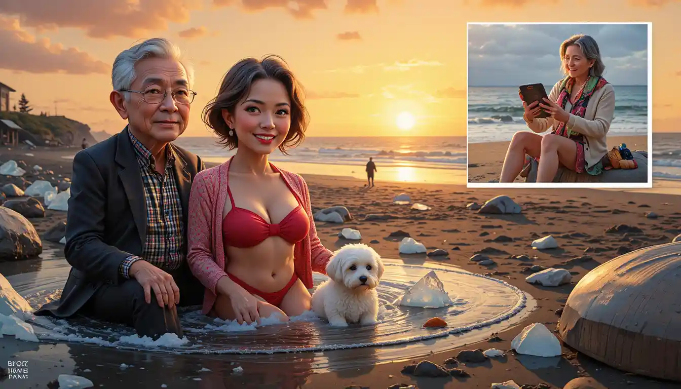 Parejas de ancianos disfrutando del atardecer en una playa helada de arena negra