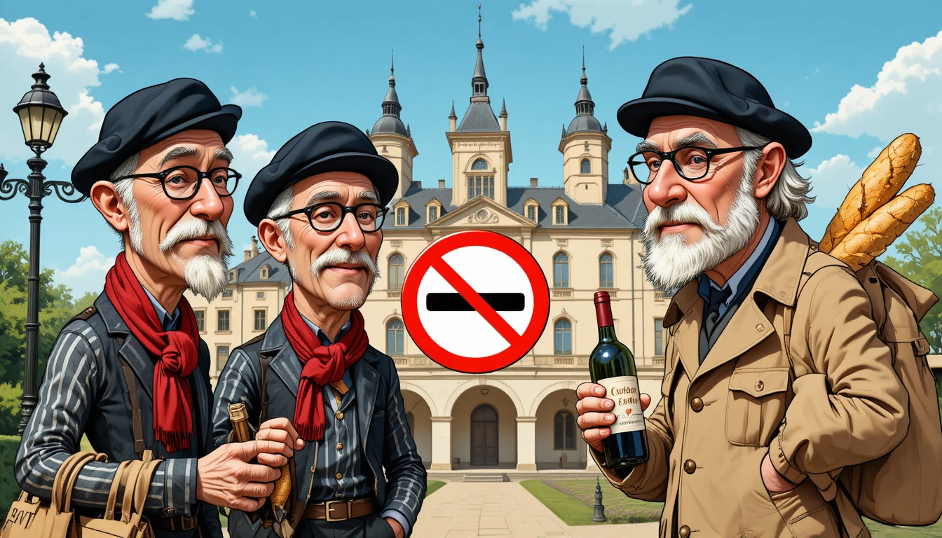 Caricatura di tre anziani francesi con vino e baguette