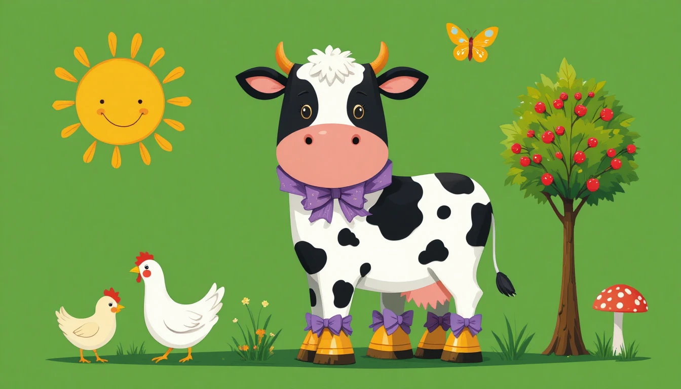 Cute cartoon cow with sun hen and chicks
