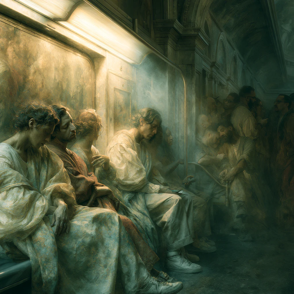 Renaissance style commuters riding a modern subway train
