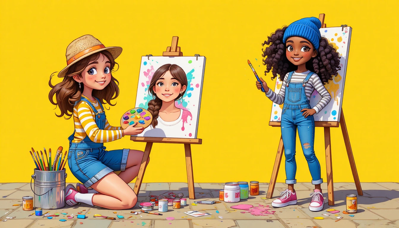Two young artists painting together in a bright outdoor scene