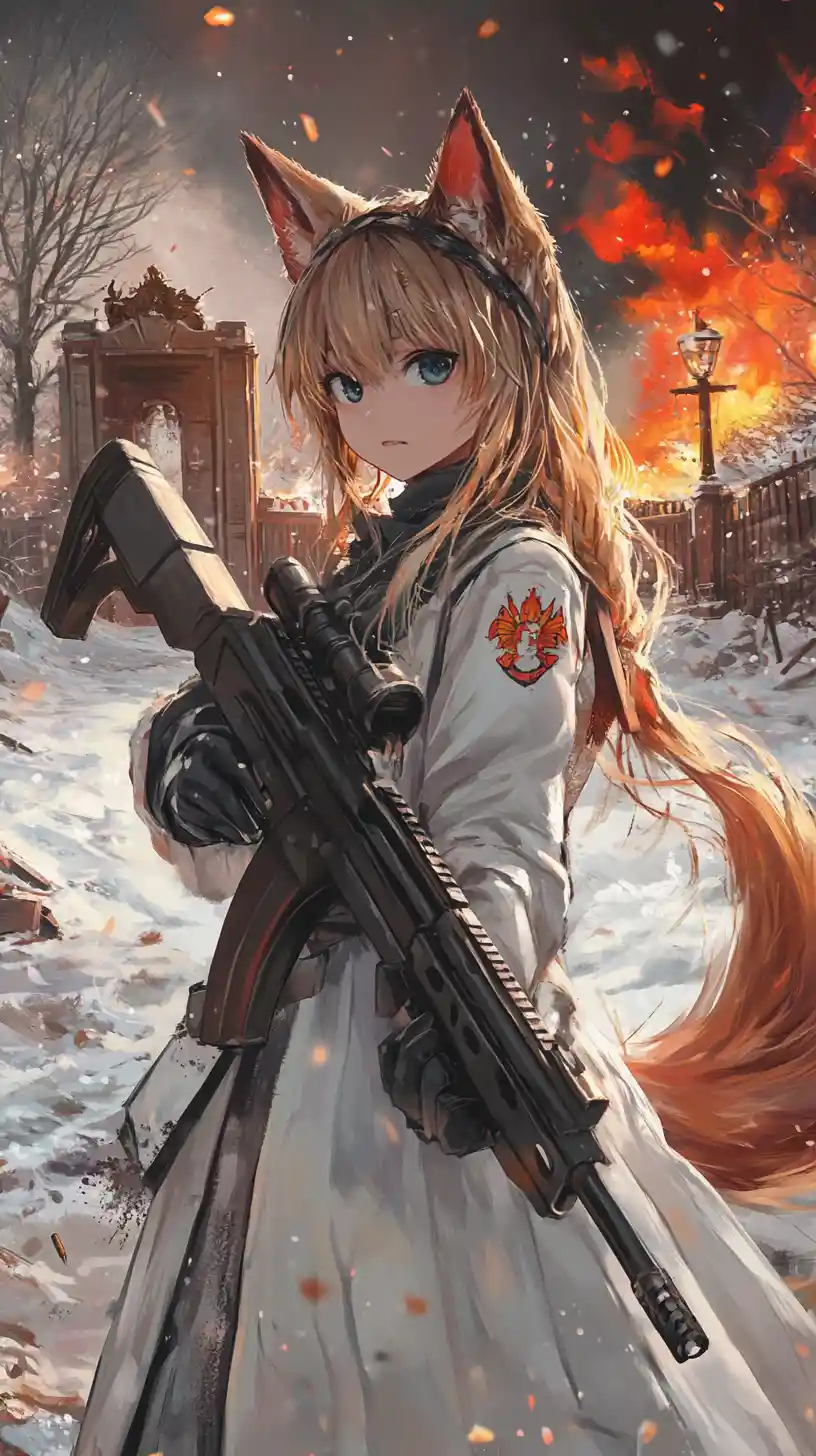 Anime girl aiming a rifle in a burning war zone