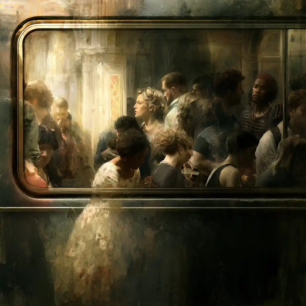 Renaissance style commuters riding a modern subway train