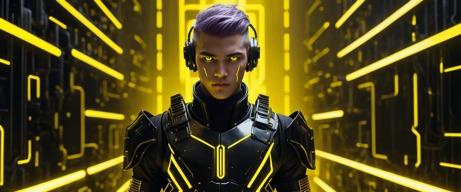 Army of gray skinned teen boys in neon sci fi armor