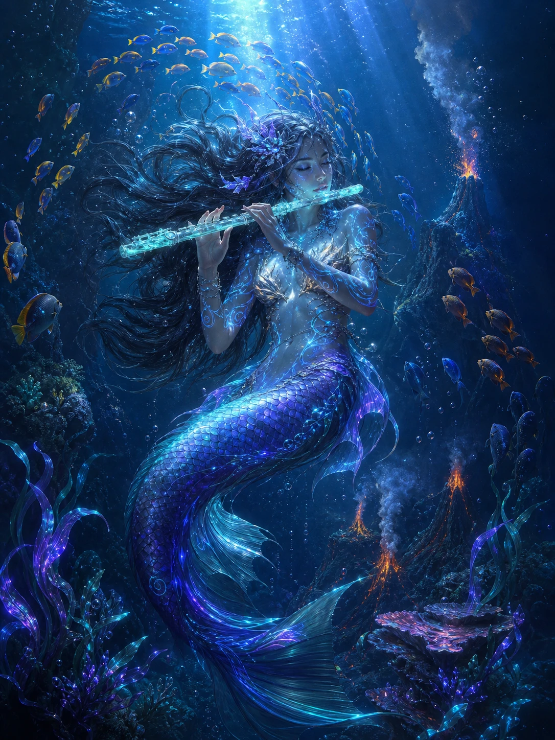 Sirena serena tocando una flauta de vidrio marino bajo el agua