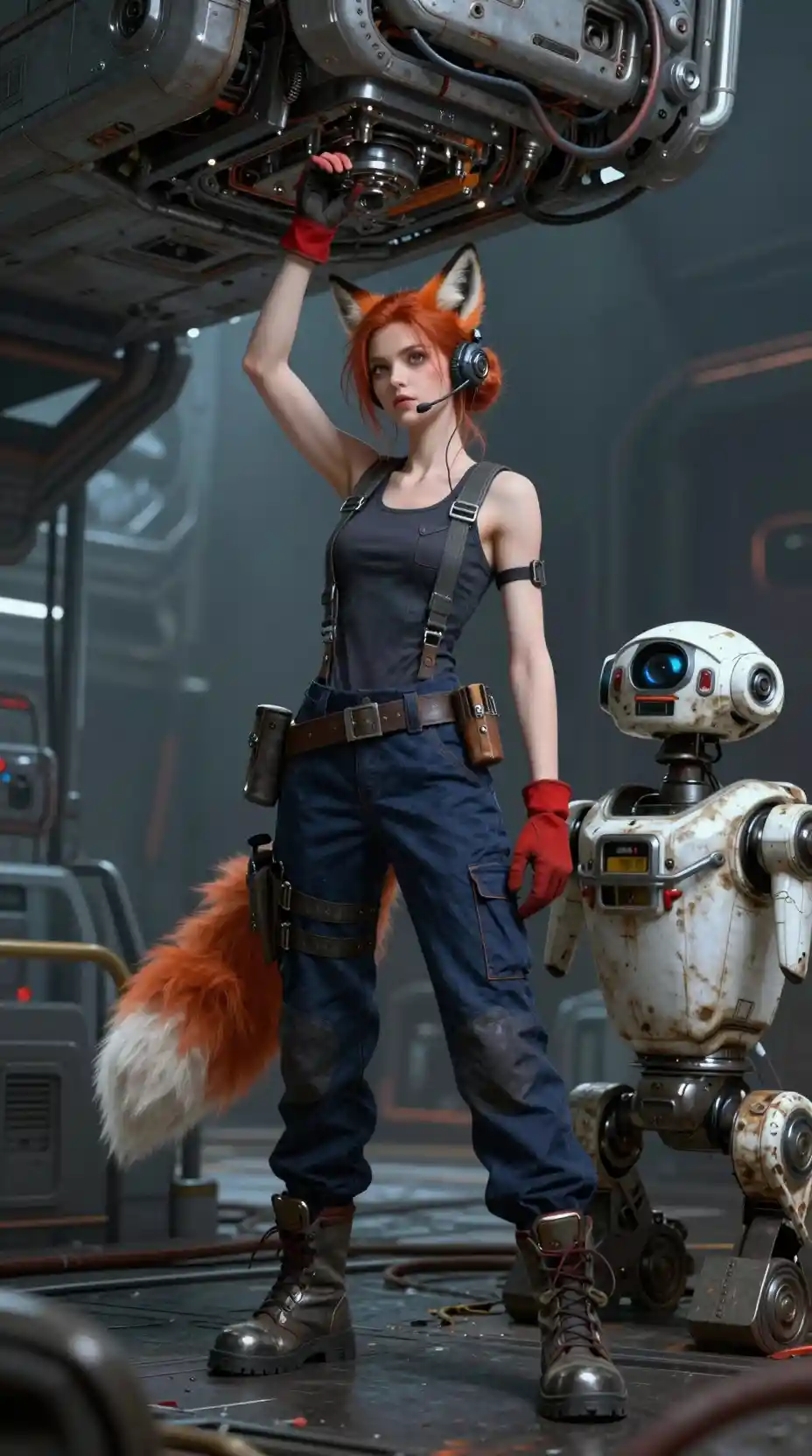 Fox eared mechanic repairing cables beneath a starship