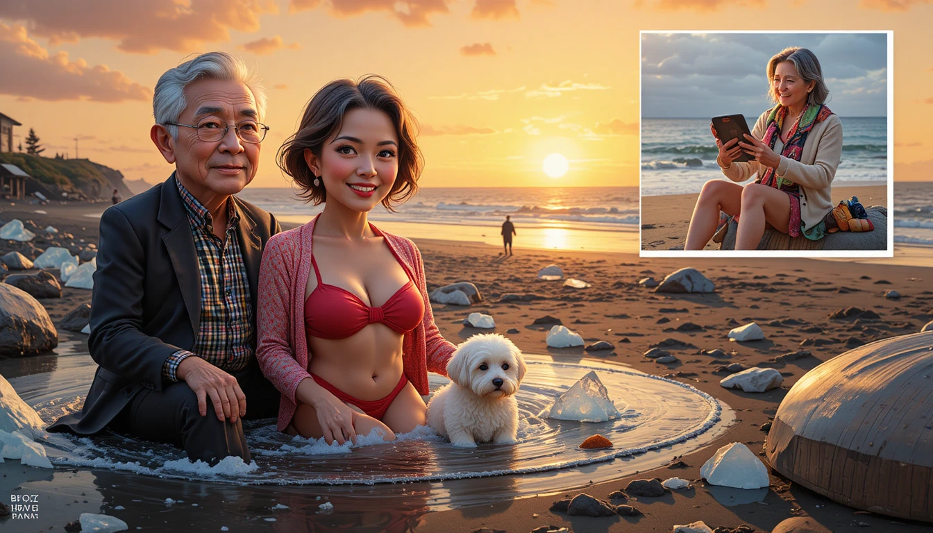 Parejas de ancianos disfrutando del atardecer en una playa helada de arena negra