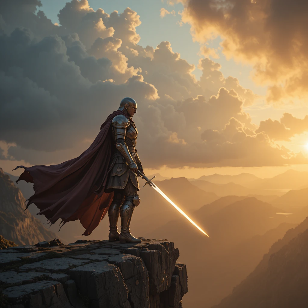 Armored warrior on a cliff at sunset with glowing sword
